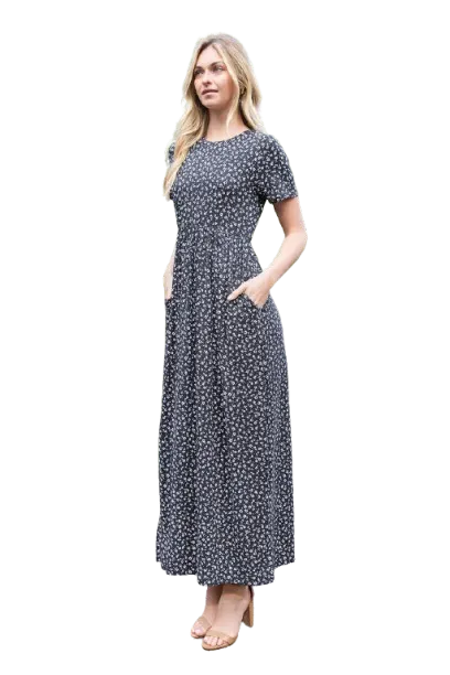 Short Sleeve Ditsy Floral Elastic Waist Maxi Dress Black Ivory - Pack of 6