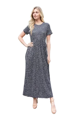 Short Sleeve Ditsy Floral Elastic Waist Maxi Dress Black Ivory - Pack of 6