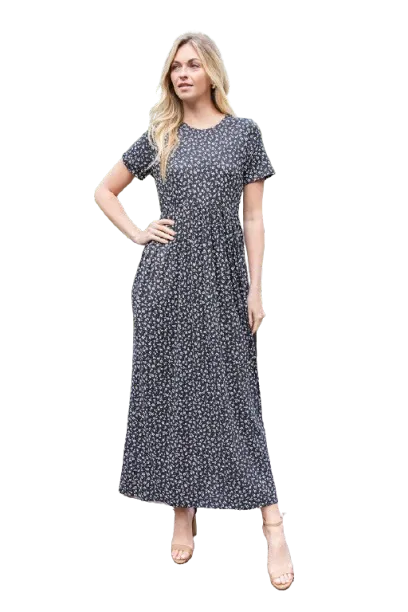 Short Sleeve Ditsy Floral Elastic Waist Maxi Dress Black Ivory - Pack of 6