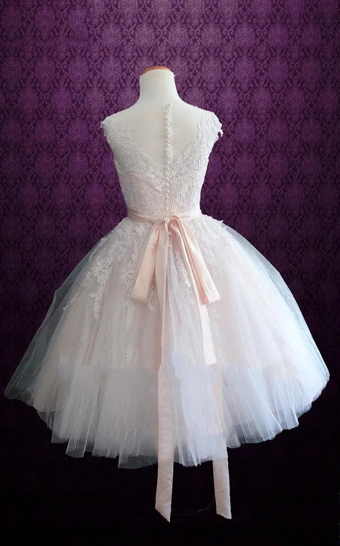 Short Tea-Length Tulle Lace Satin Weddig Dress