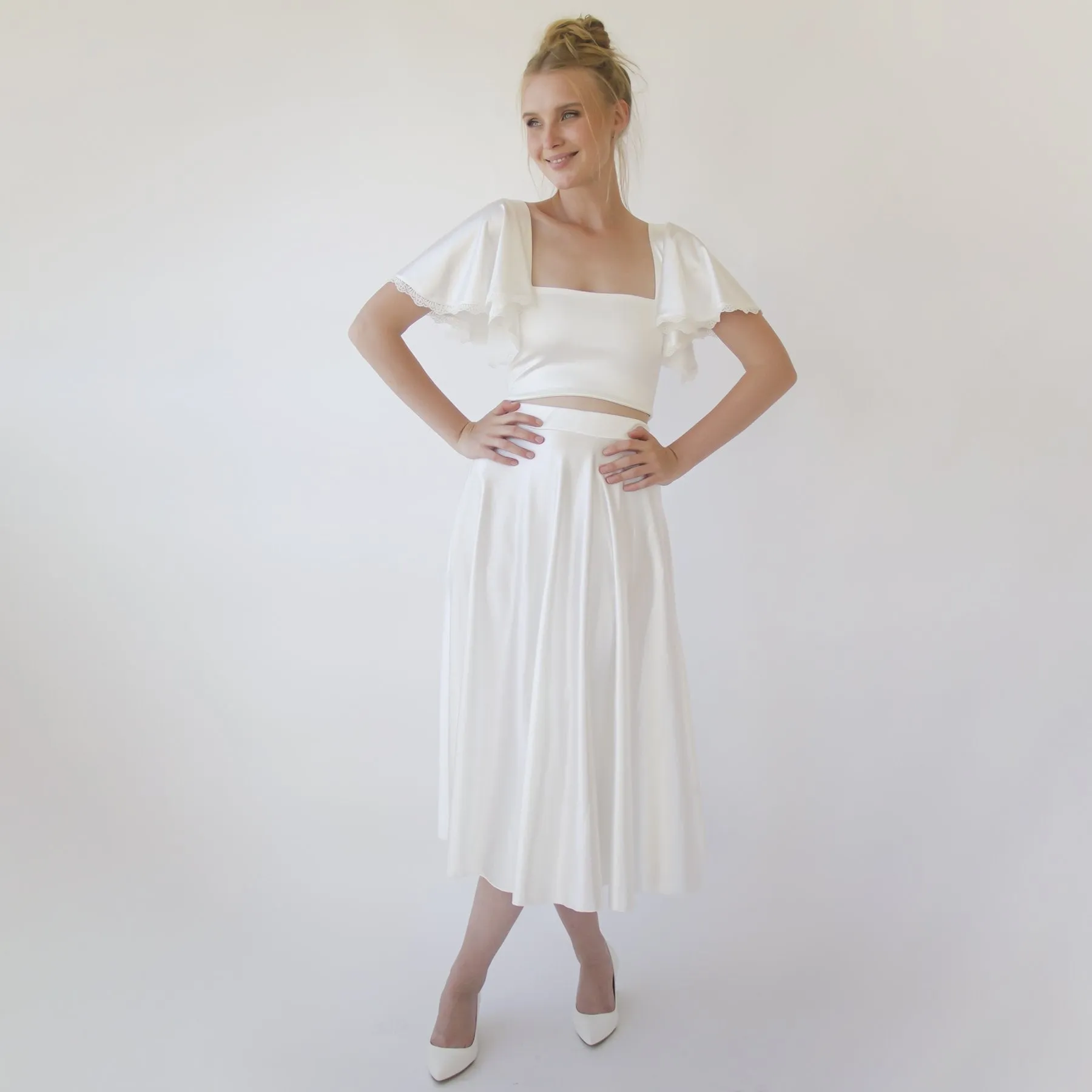 Silky Wedding Midi Skirt, Bridal Satin Tea length wedding Skirt #3039