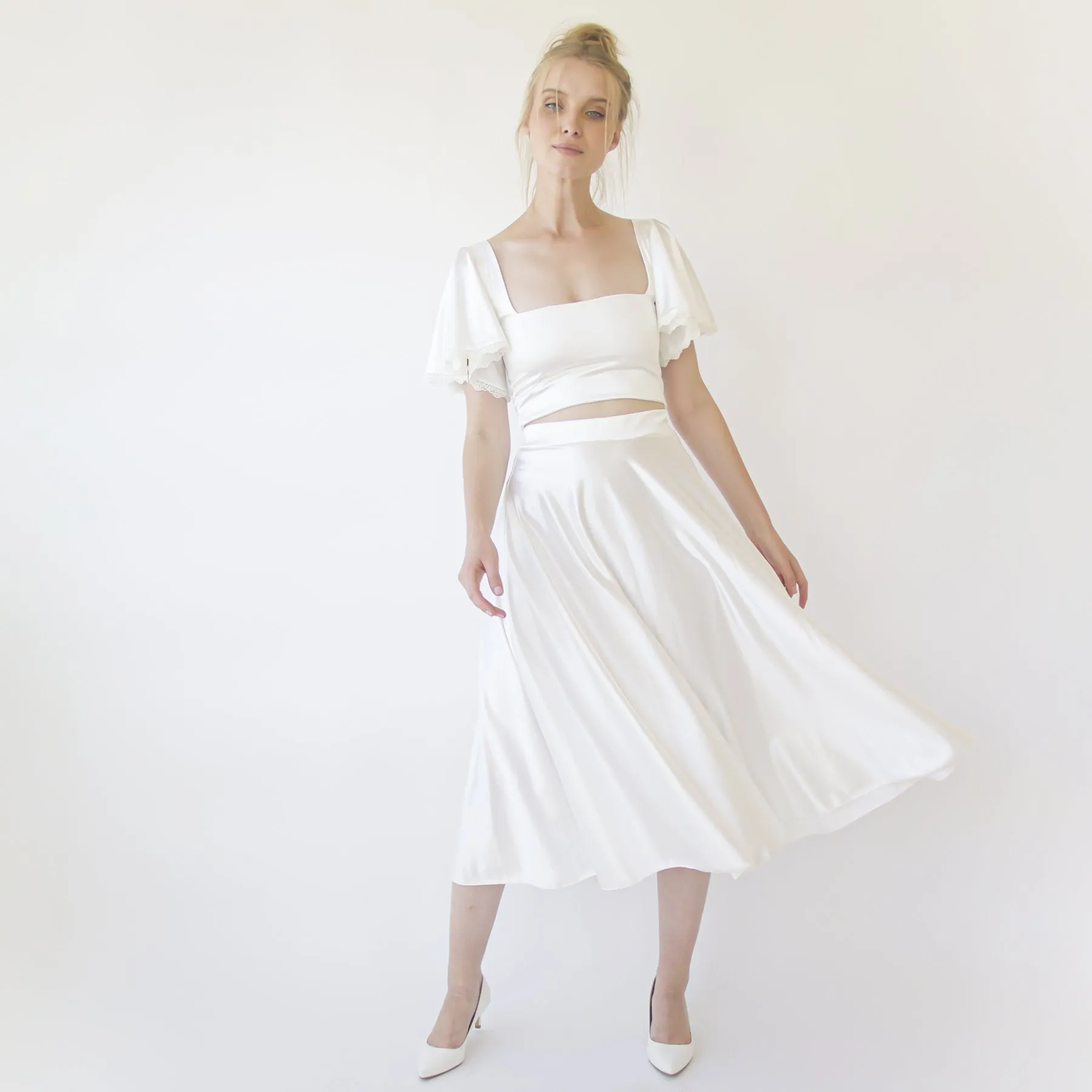 Silky Wedding Midi Skirt, Bridal Satin Tea length wedding Skirt #3039