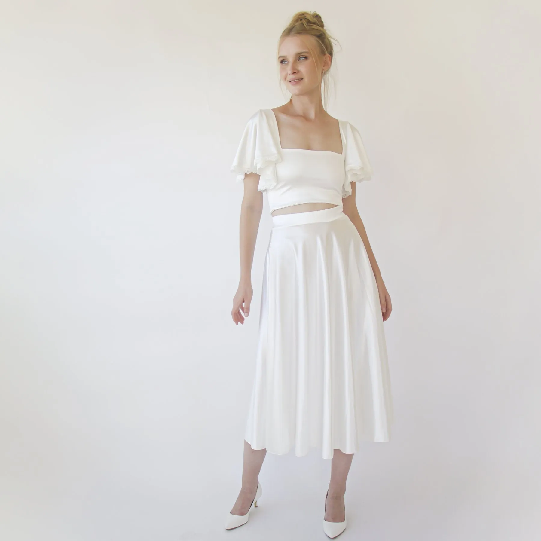 Silky Wedding Midi Skirt, Bridal Satin Tea length wedding Skirt #3039