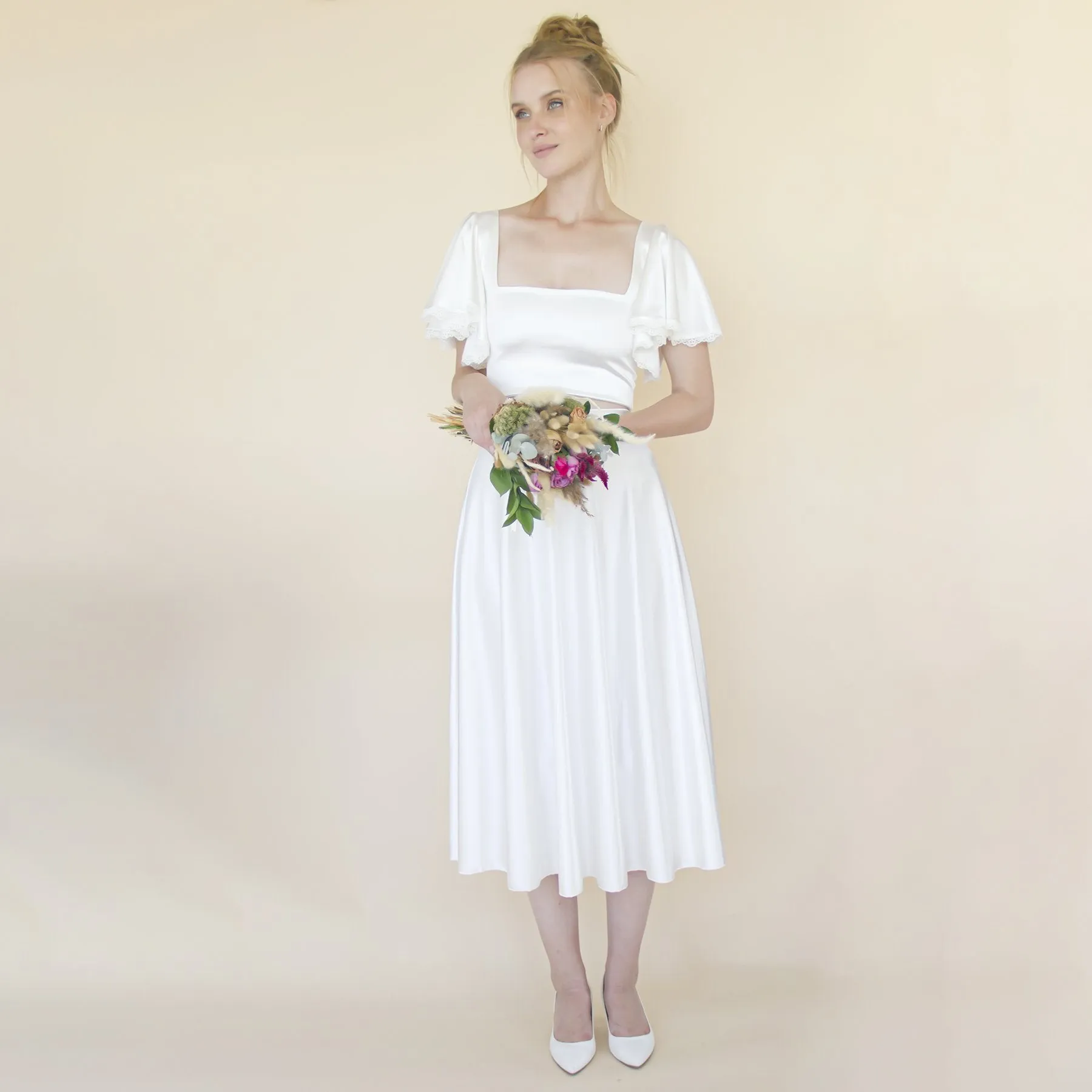 Silky Wedding Midi Skirt, Bridal Satin Tea length wedding Skirt #3039