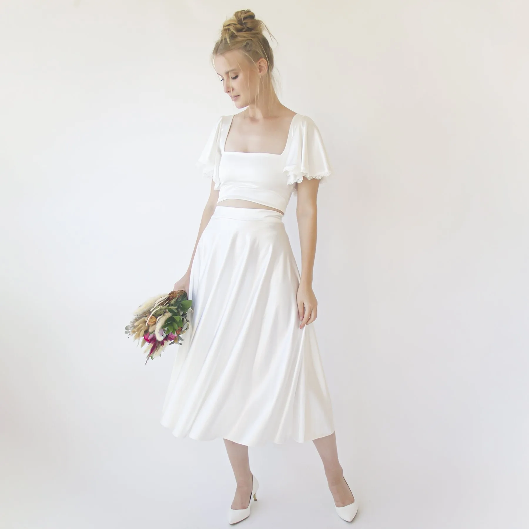Silky Wedding Midi Skirt, Bridal Satin Tea length wedding Skirt #3039