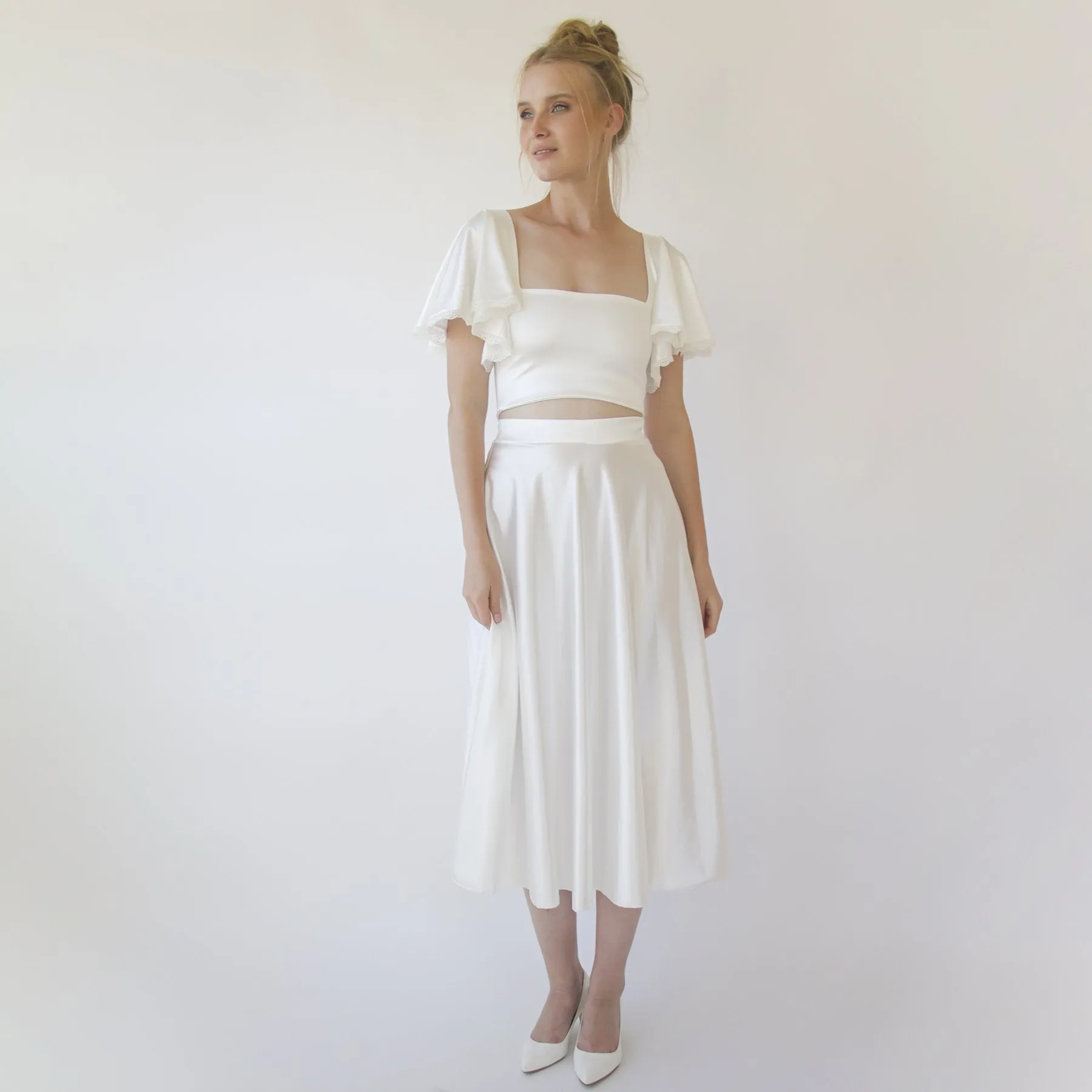 Silky Wedding Midi Skirt, Bridal Satin Tea length wedding Skirt #3039
