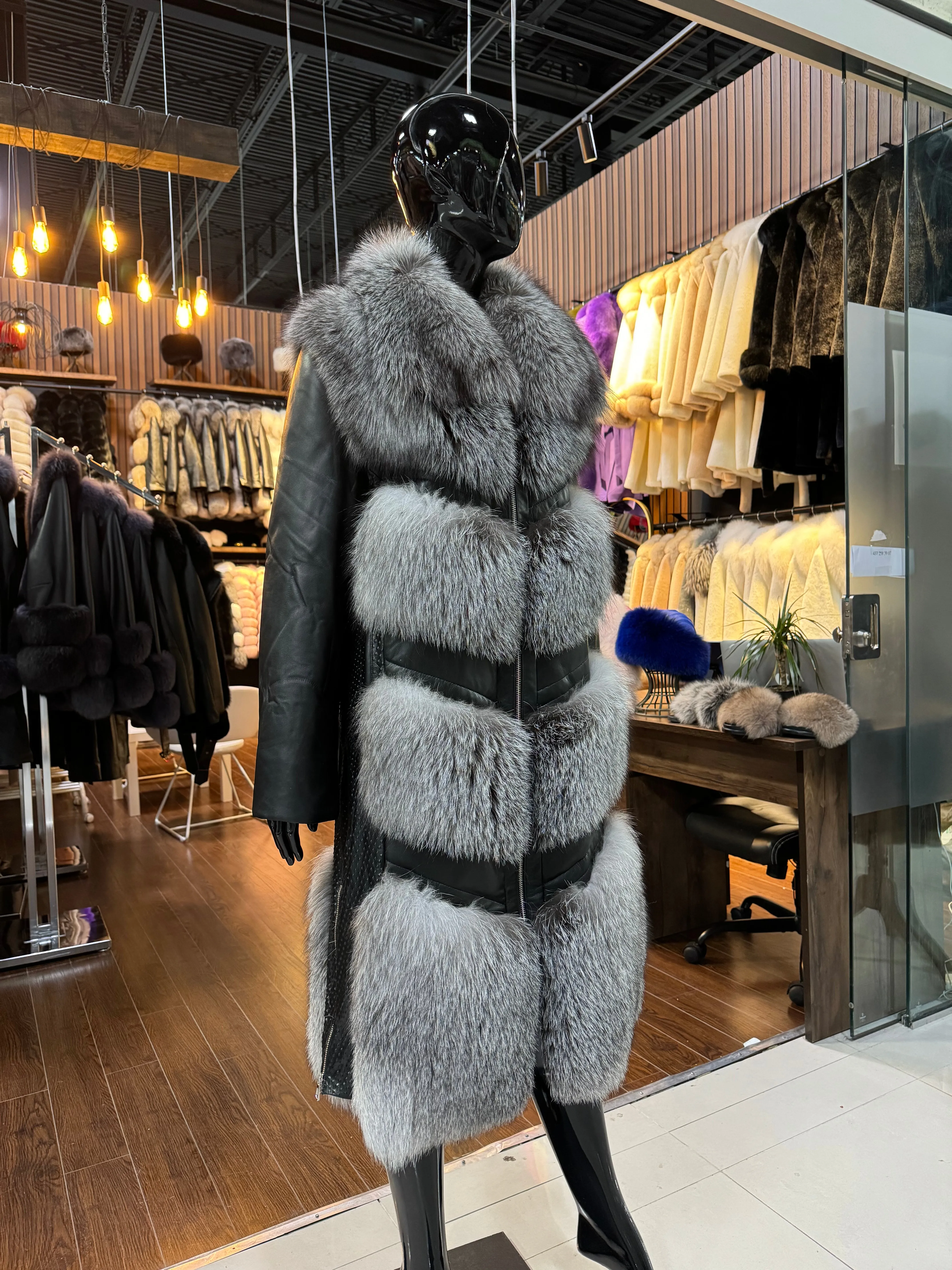 Silver Fox Fur and Real Leather Coat