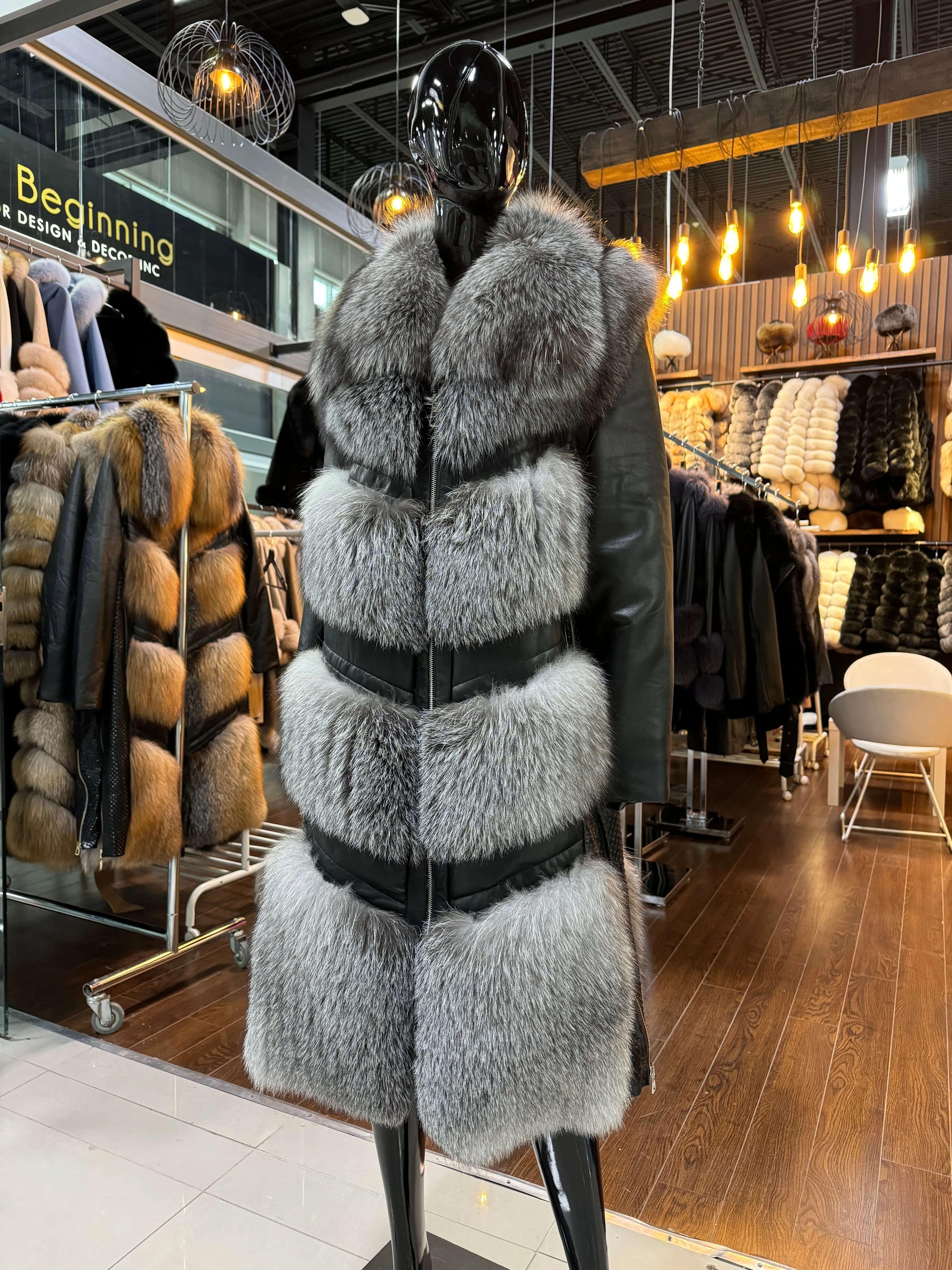 Silver Fox Fur and Real Leather Coat