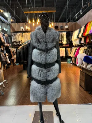 Silver Fox Fur and Real Leather Coat