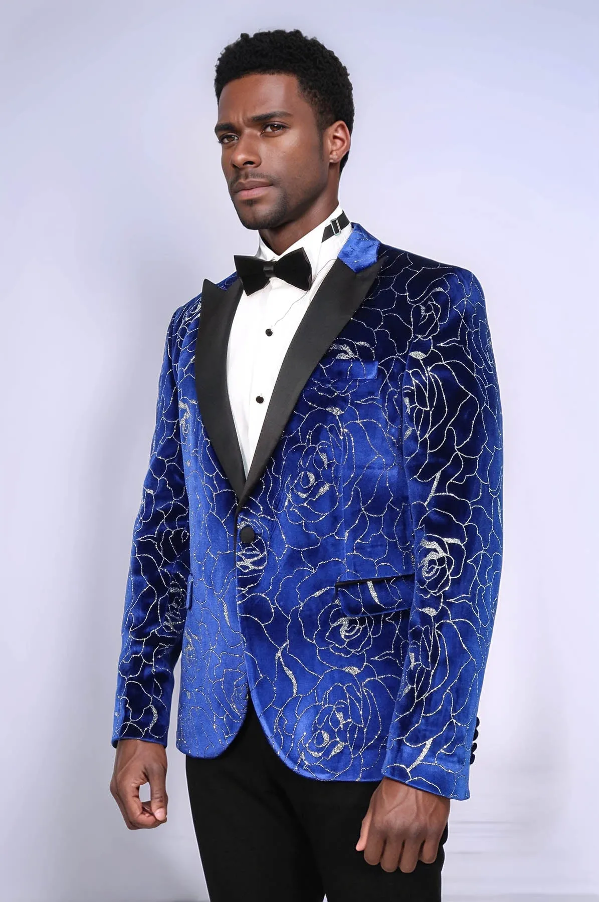 Silver Rose Patterned Over Blue Men Prom Blazer - Wessi
