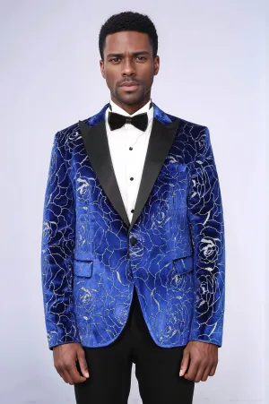Silver Rose Patterned Over Blue Men Prom Blazer - Wessi