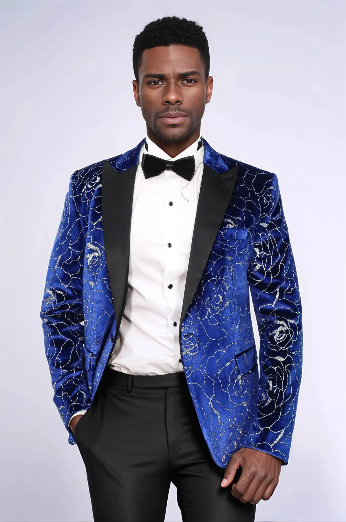 Silver Rose Patterned Over Blue Men Prom Blazer - Wessi