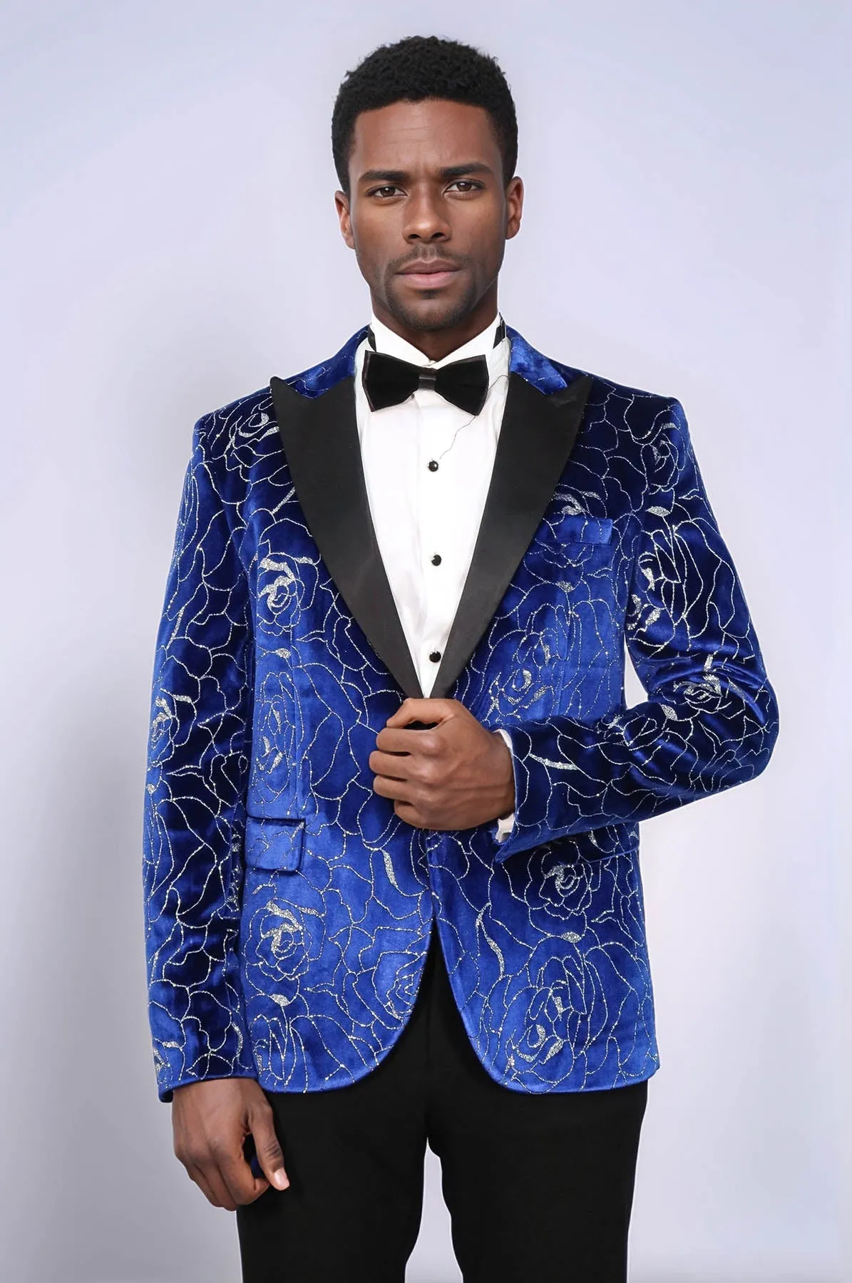 Silver Rose Patterned Over Blue Men Prom Blazer - Wessi