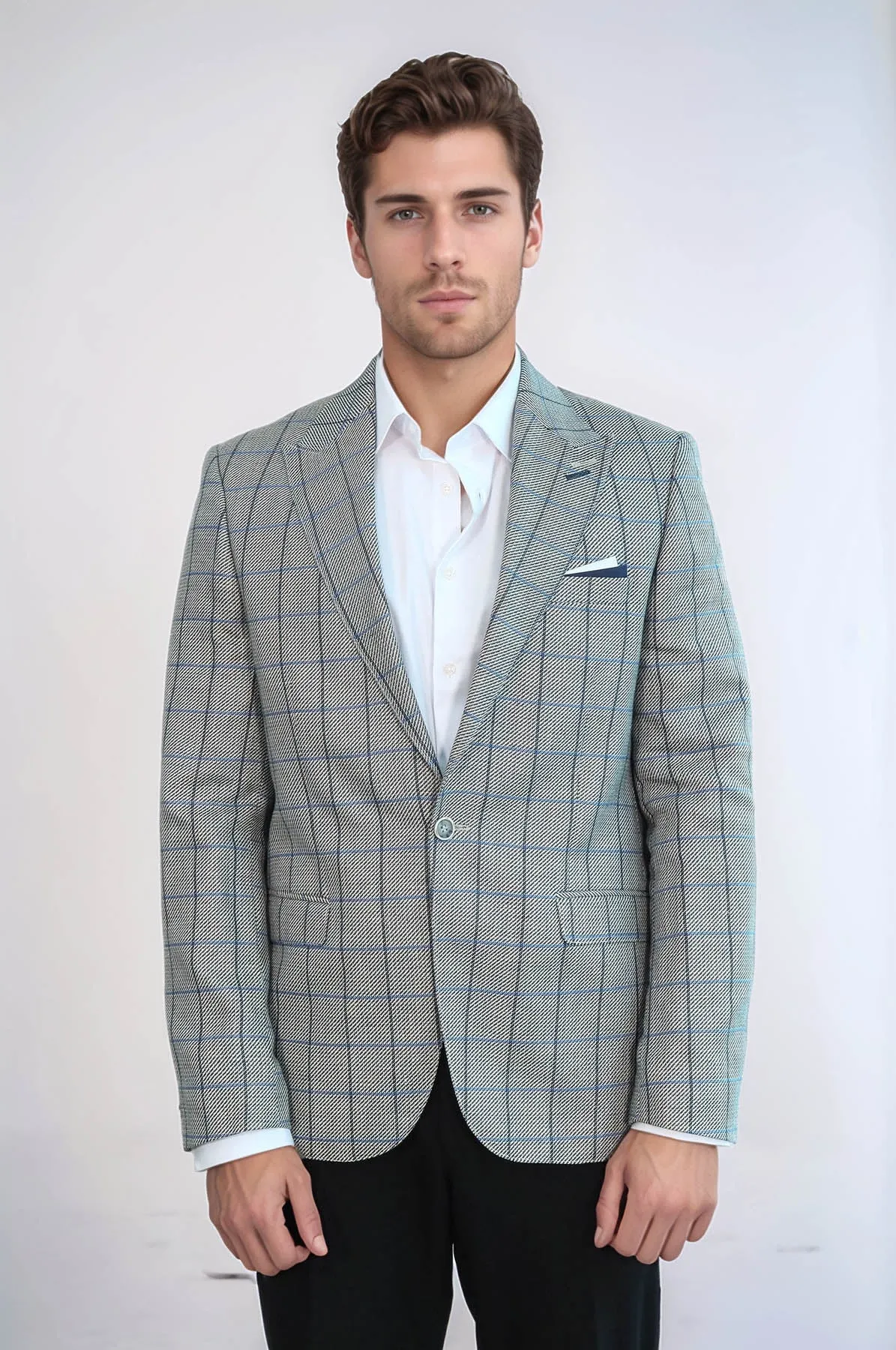 Single Button Pointed Collar Light Blue Blazer - Wessi