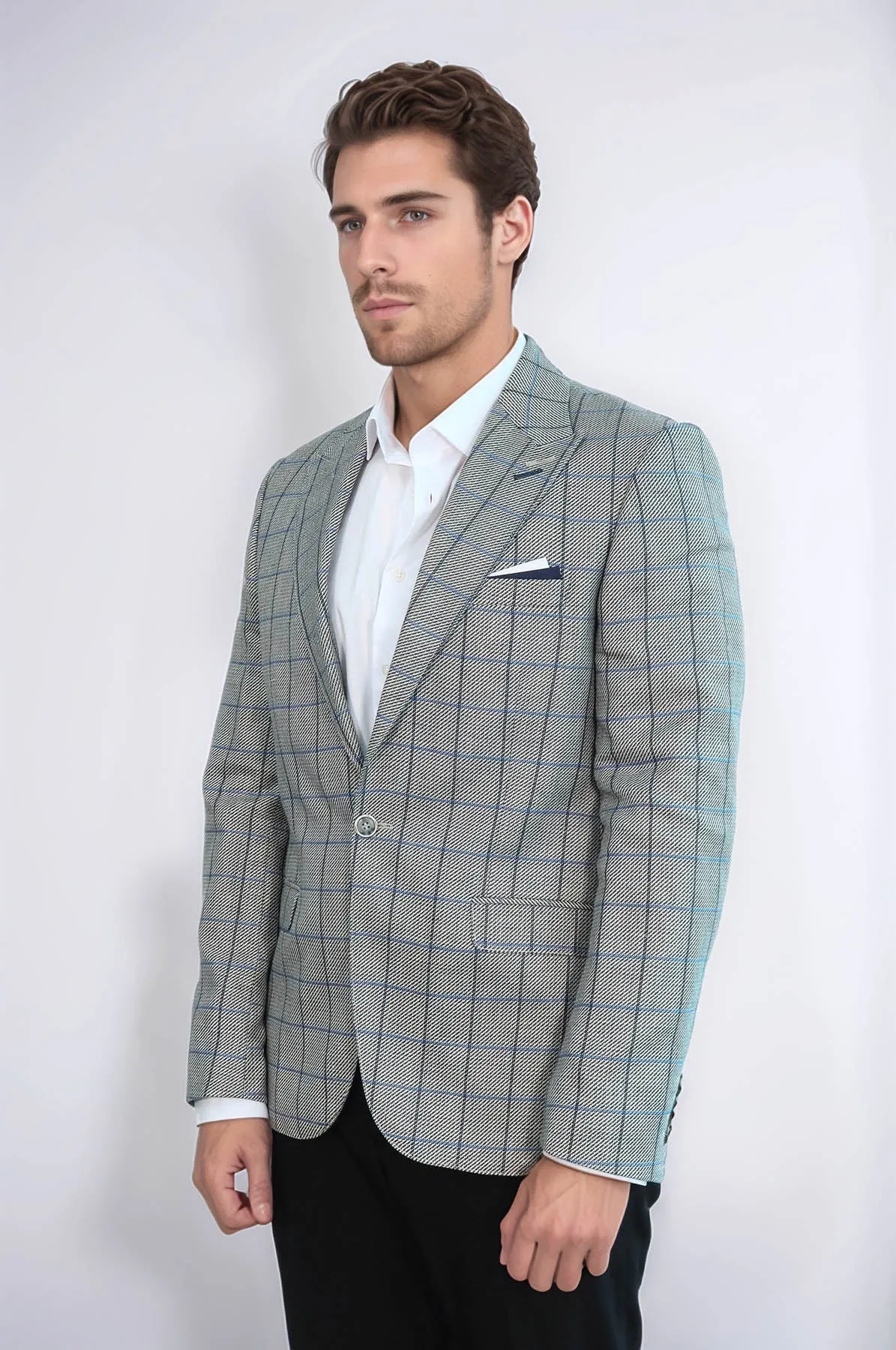 Single Button Pointed Collar Light Blue Blazer - Wessi