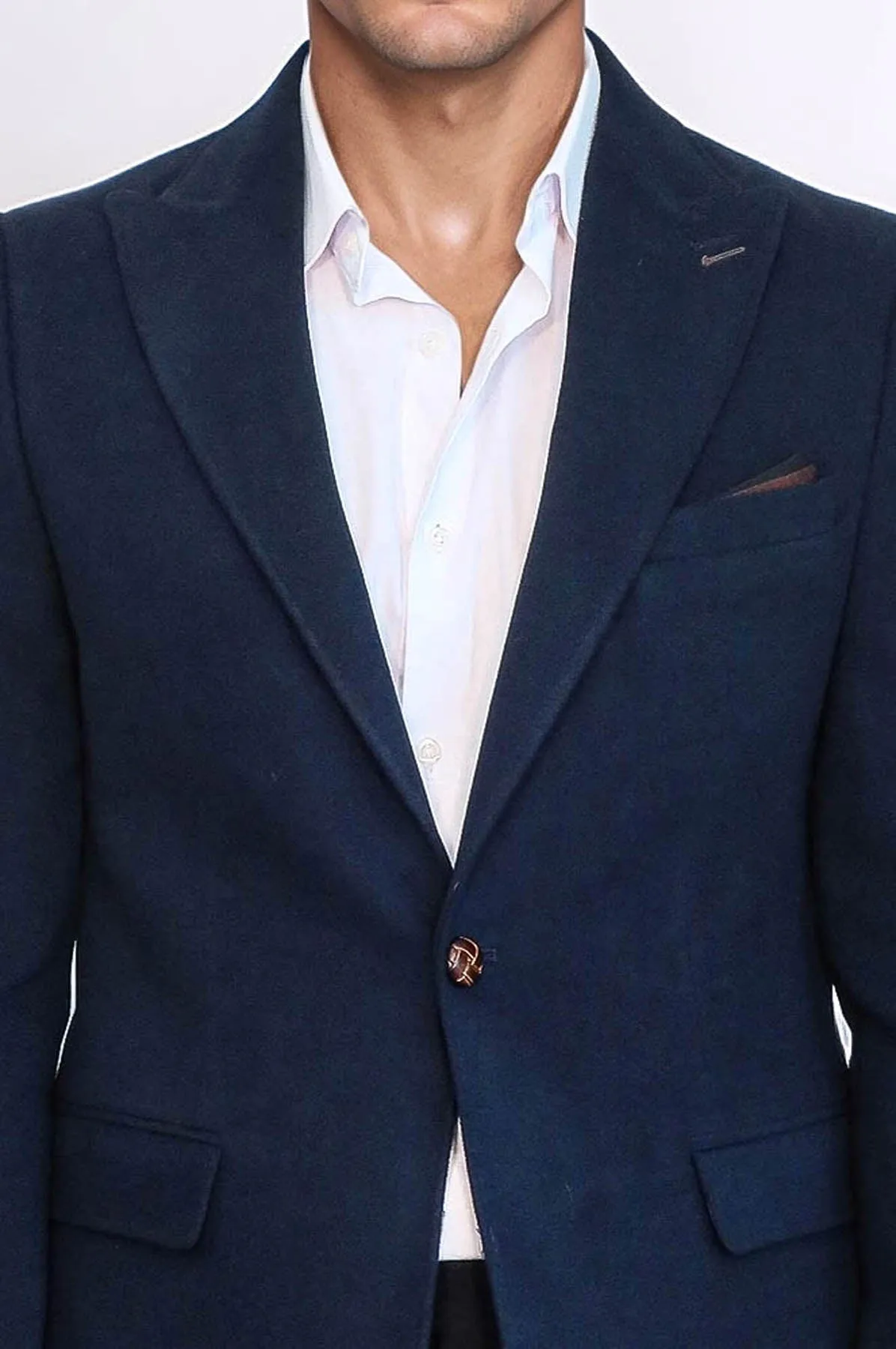 Single Button Pointed Collar Navy Blue Blazer - Wessi