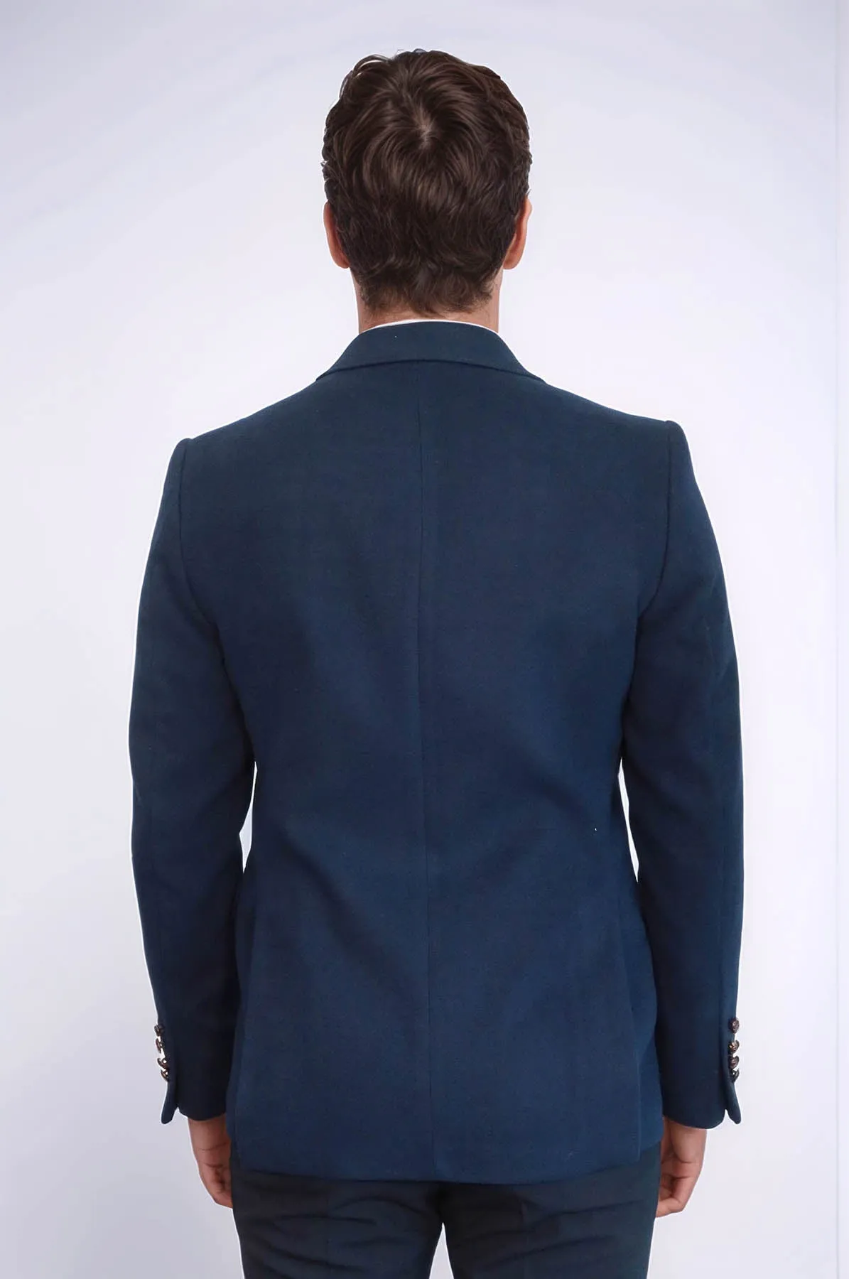 Single Button Pointed Collar Navy Blue Blazer - Wessi