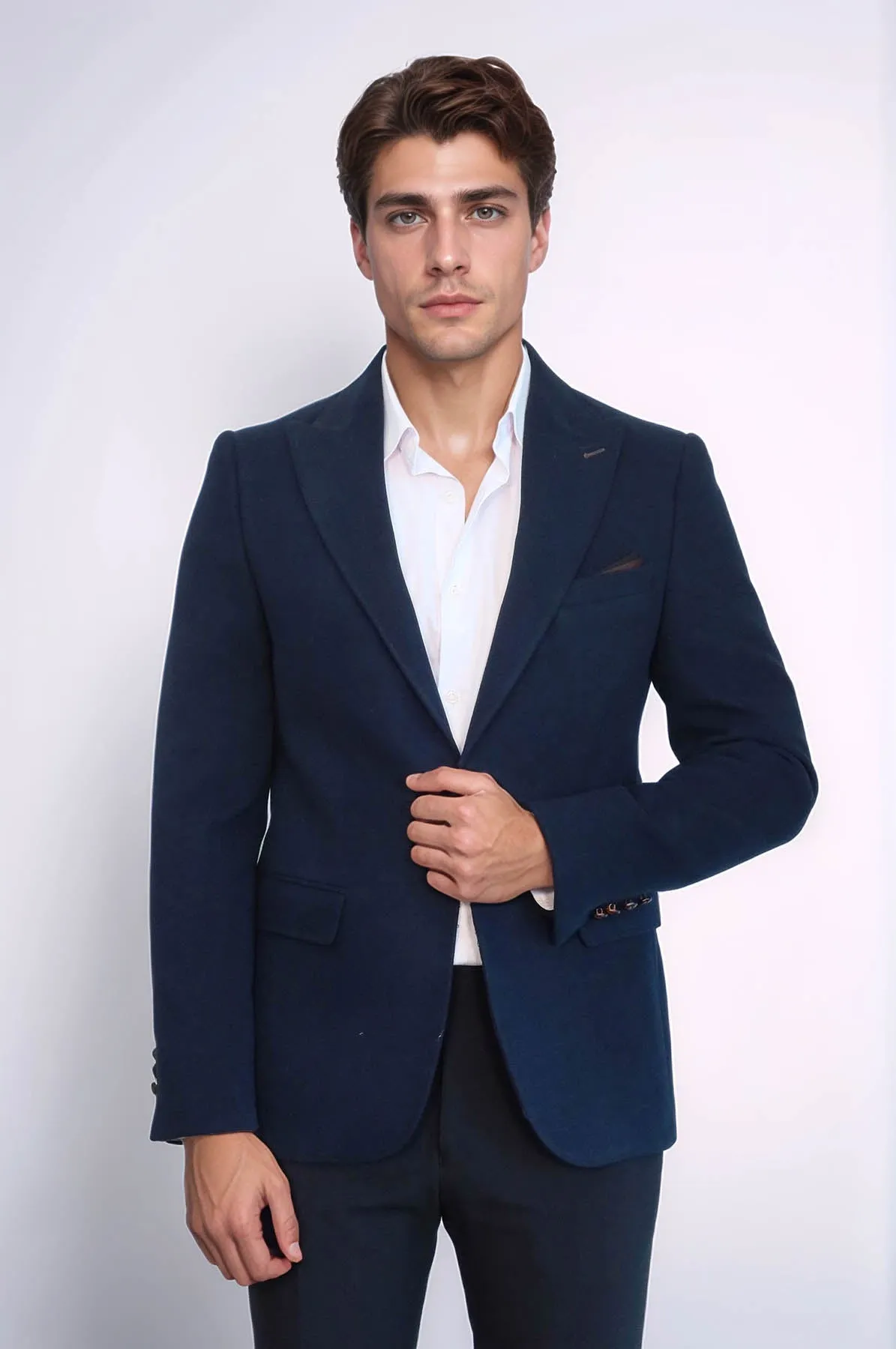 Single Button Pointed Collar Navy Blue Blazer - Wessi