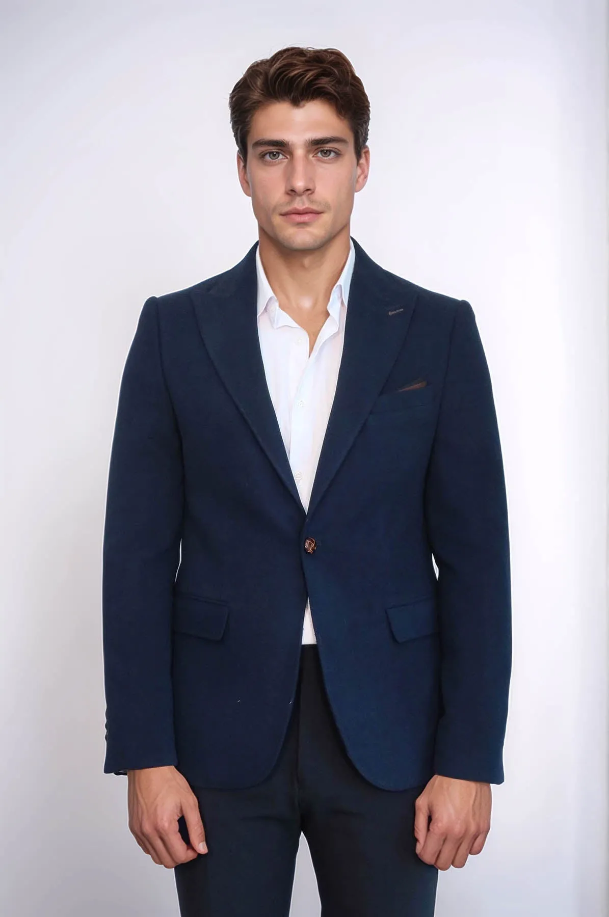Single Button Pointed Collar Navy Blue Blazer - Wessi