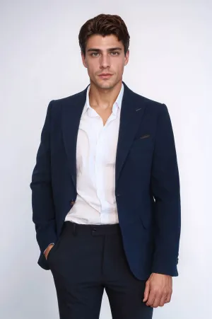 Single Button Pointed Collar Navy Blue Blazer - Wessi