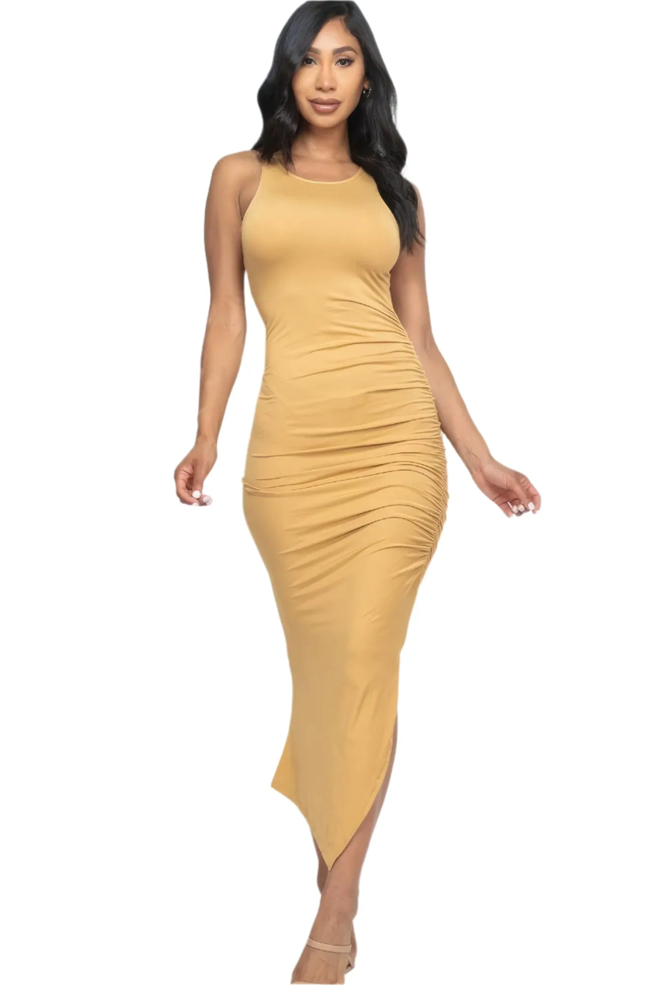 Sleeveless Ruched Side Split Maxi Dress