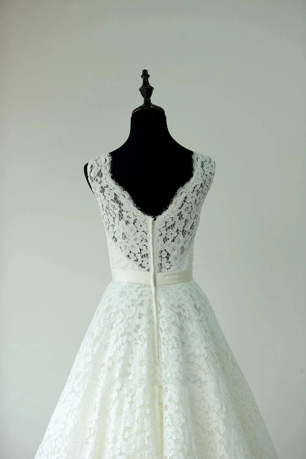 Sleeveless Sheer Illusion Neckline Tea Length Garden Bridal Dress With Waistband