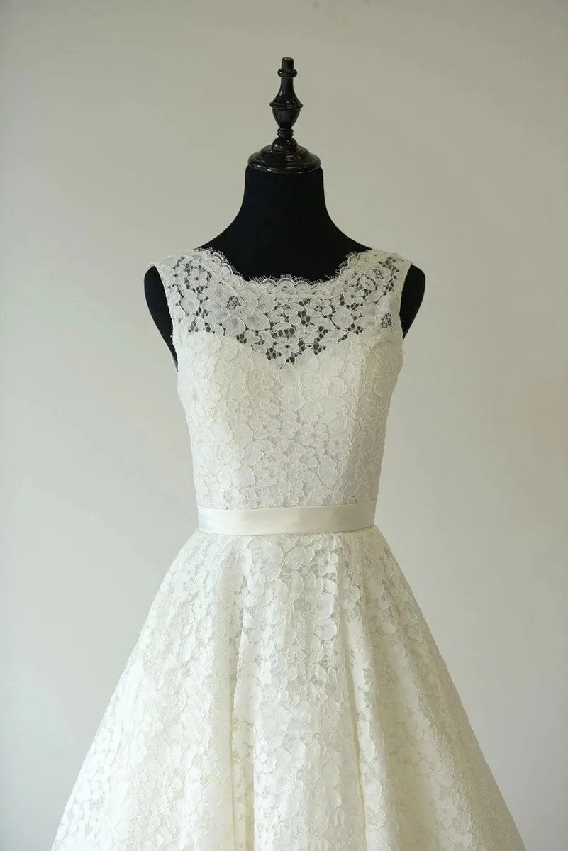 Sleeveless Sheer Illusion Neckline Tea Length Garden Bridal Dresses with Waistband