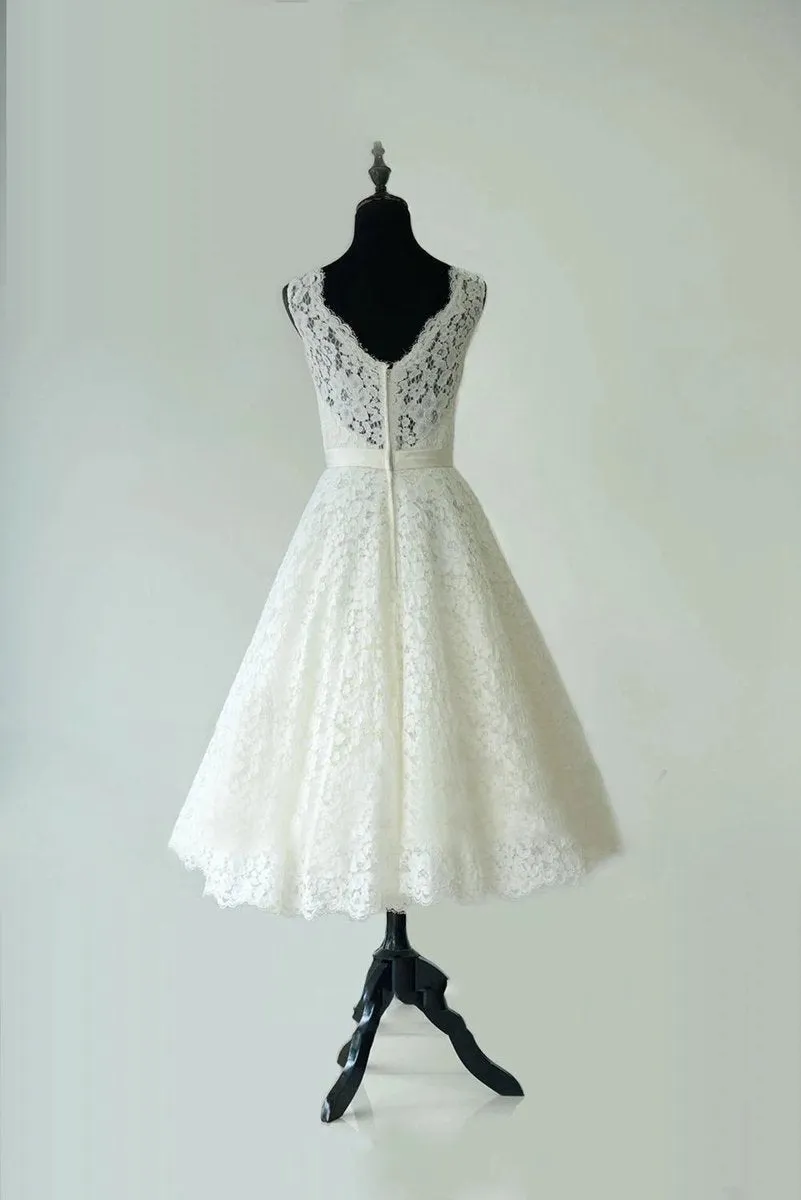 Sleeveless Sheer Illusion Neckline Tea Length Garden Bridal Dresses with Waistband