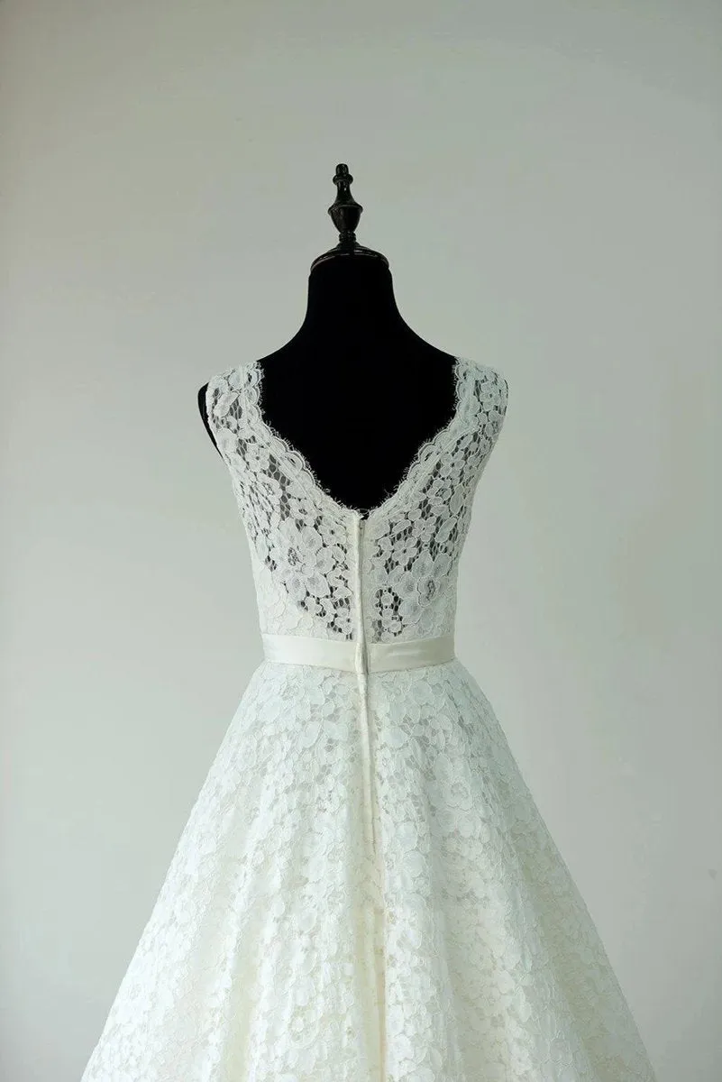 Sleeveless Sheer Illusion Neckline Tea Length Garden Bridal Dresses with Waistband