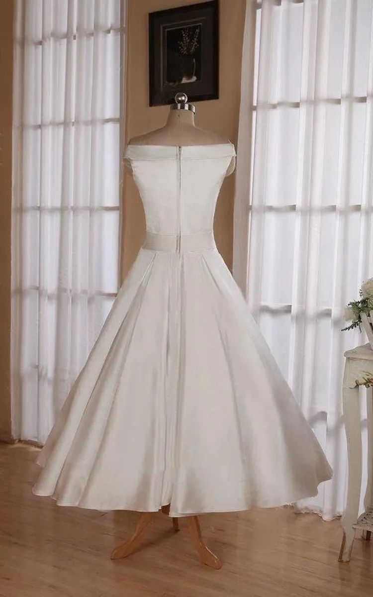Sleeveless Tea-Length Satin Wedding Dresses with Sash And Off-The-Shoulder Neck