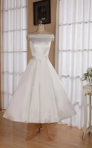 Sleeveless Tea-Length Satin Wedding Dresses with Sash And Off-The-Shoulder Neck