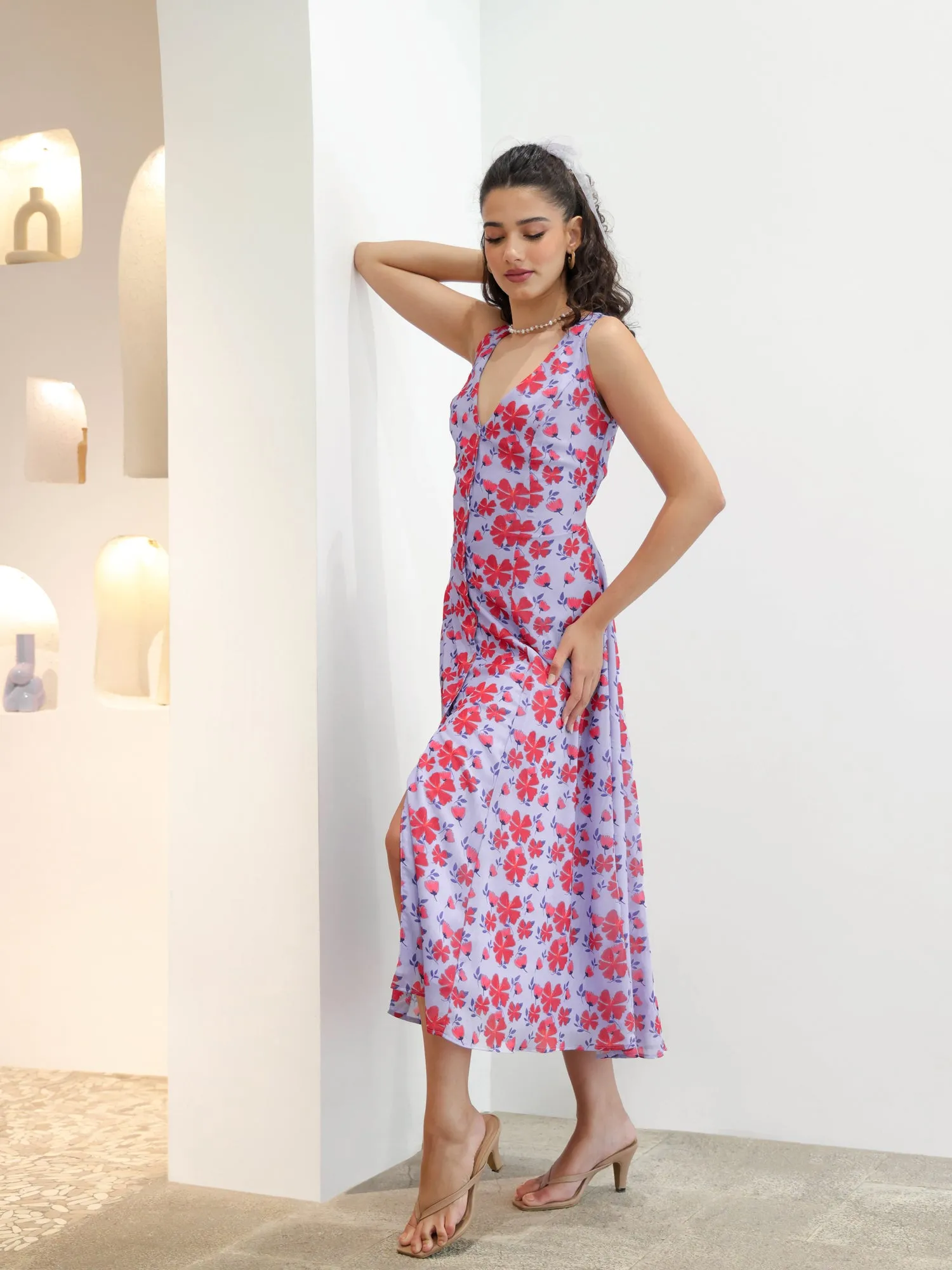 Sleeveless V Neck Floral Maxi Dress