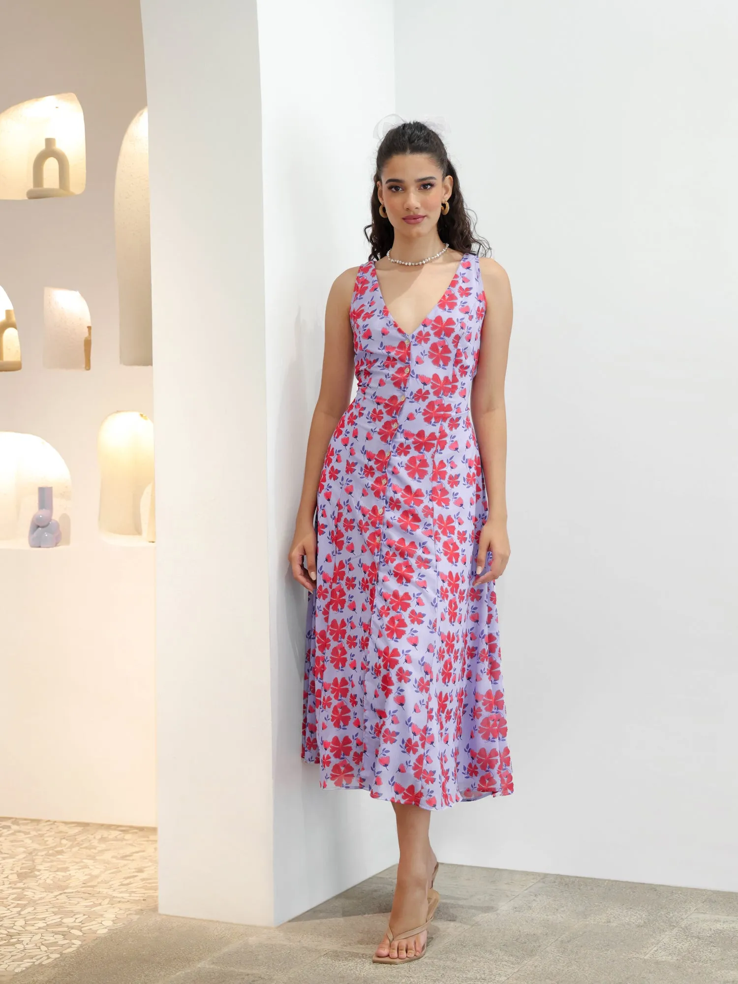 Sleeveless V Neck Floral Maxi Dress