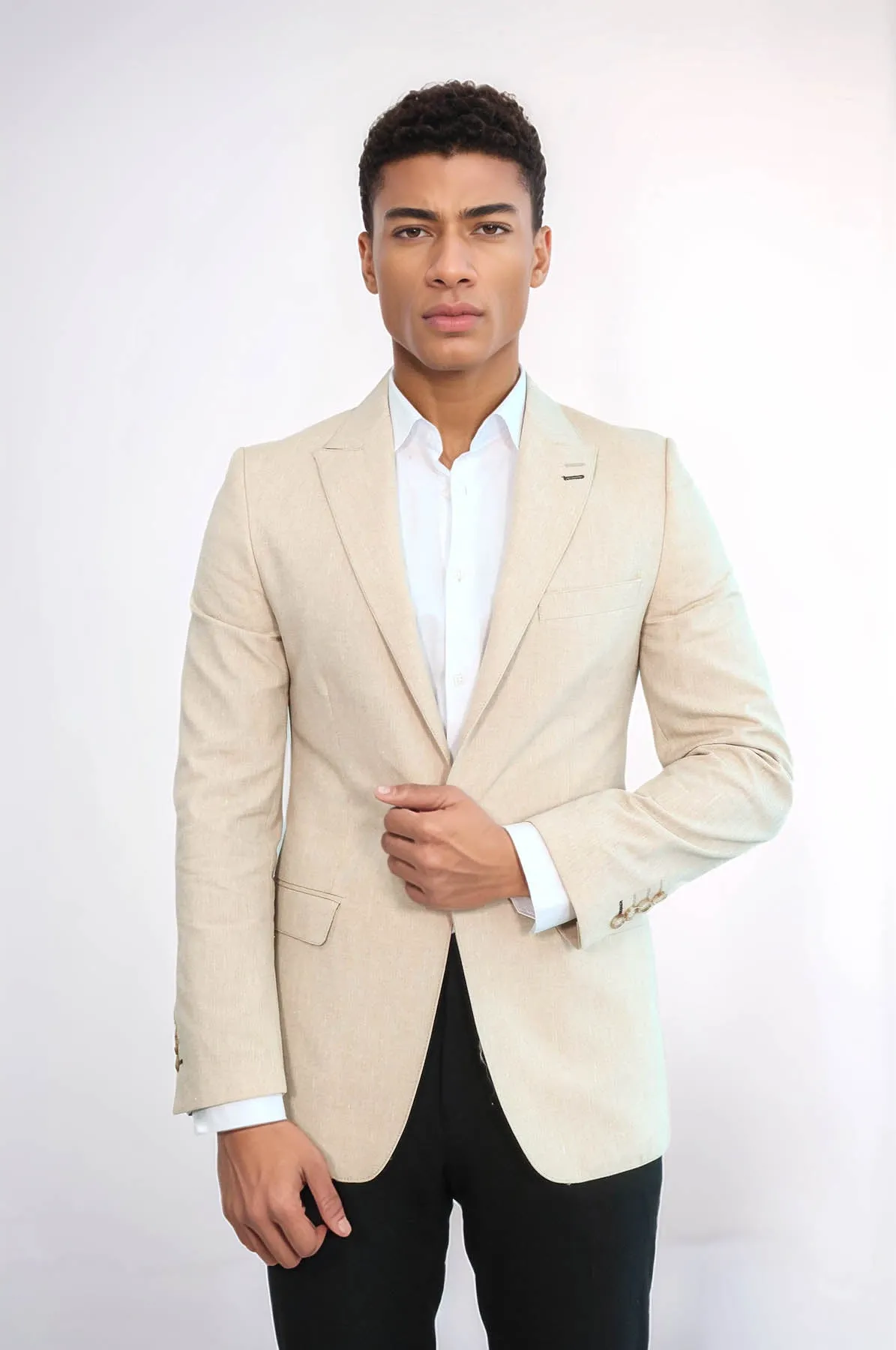Slim-Fit Peak Lapel Beige Jacket - Wessi