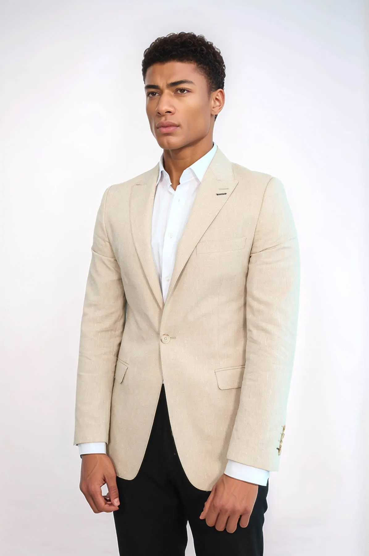 Slim-Fit Peak Lapel Beige Jacket - Wessi