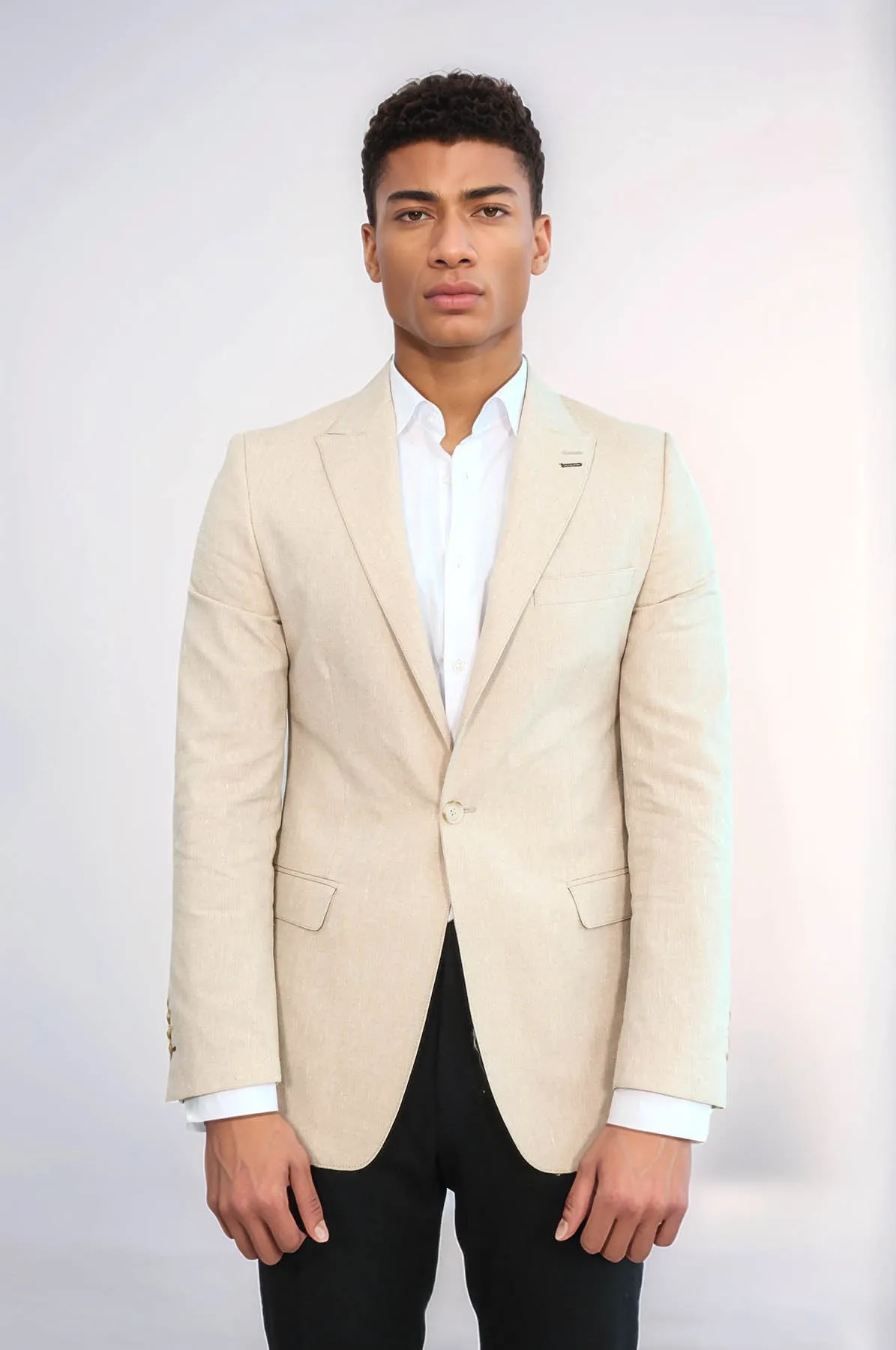 Slim-Fit Peak Lapel Beige Jacket - Wessi