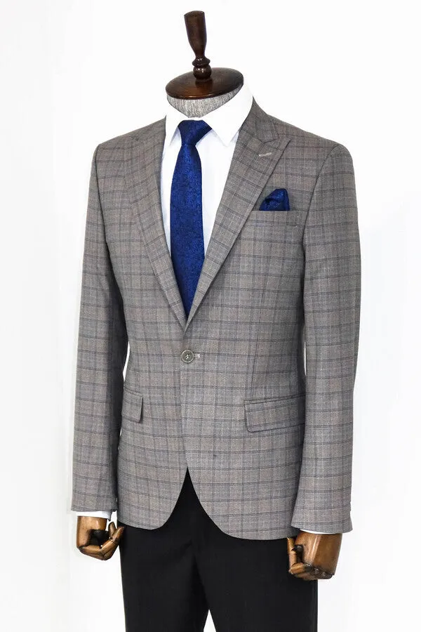 Slim Fit Peak Lapel Checked Grey Men Blazer - Wessi