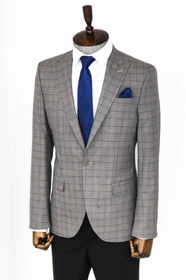 Slim Fit Peak Lapel Checked Grey Men Blazer - Wessi