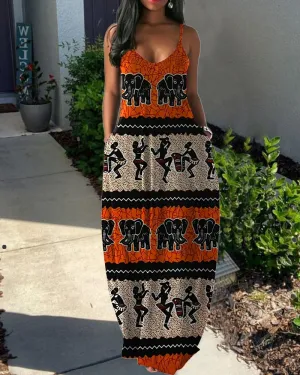 Sling African Elephant Totem Print Dress