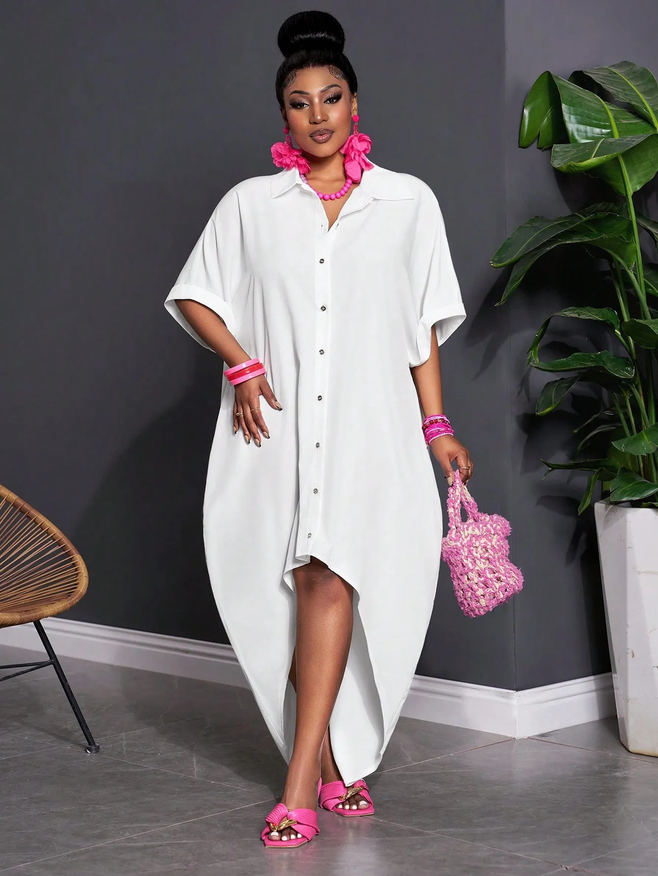 Solid Color Batwing Sleeve High-Low Hem Casual Shirt Dress - Plus Size