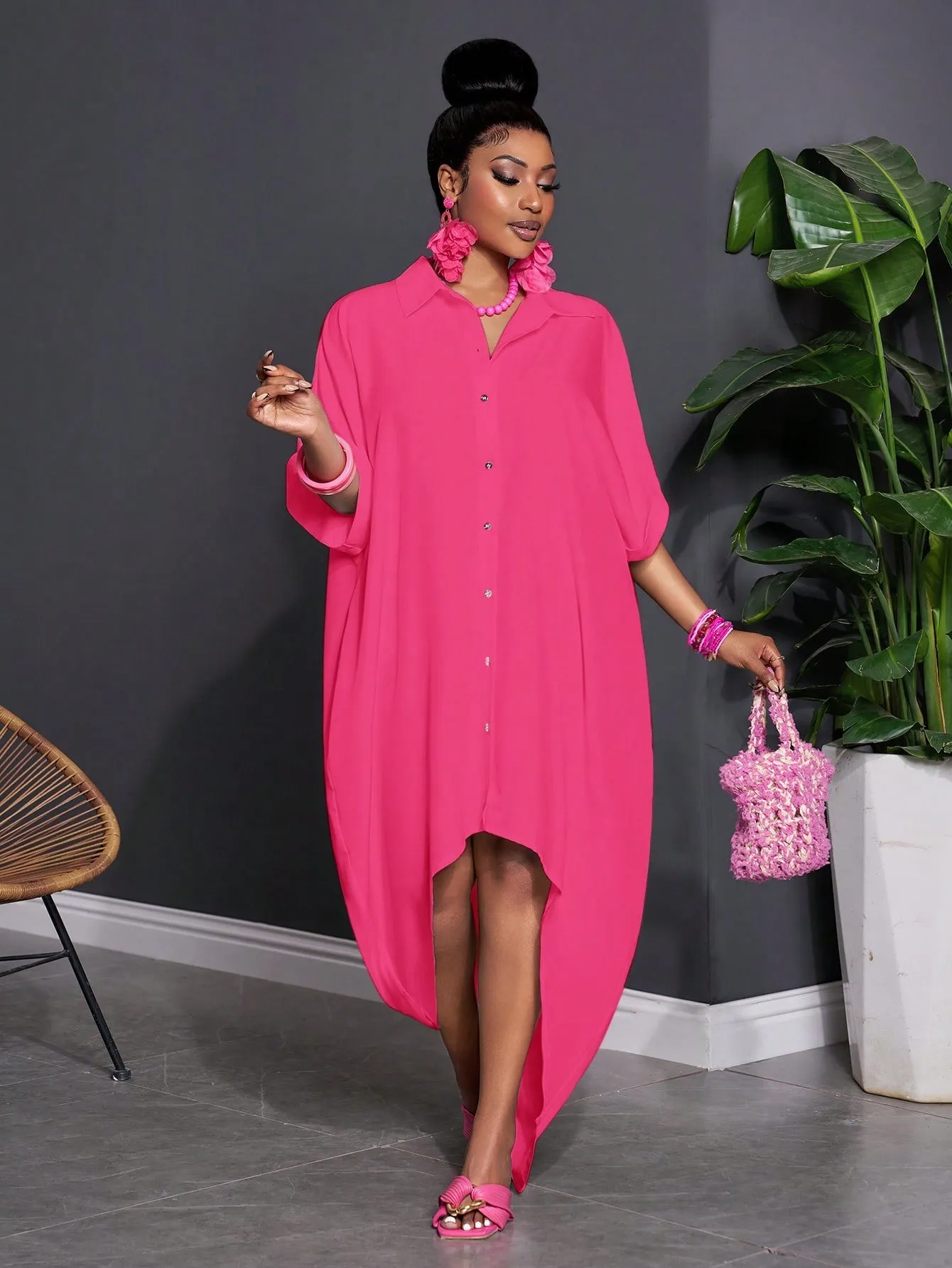 Solid Color Batwing Sleeve High-Low Hem Casual Shirt Dress - Plus Size