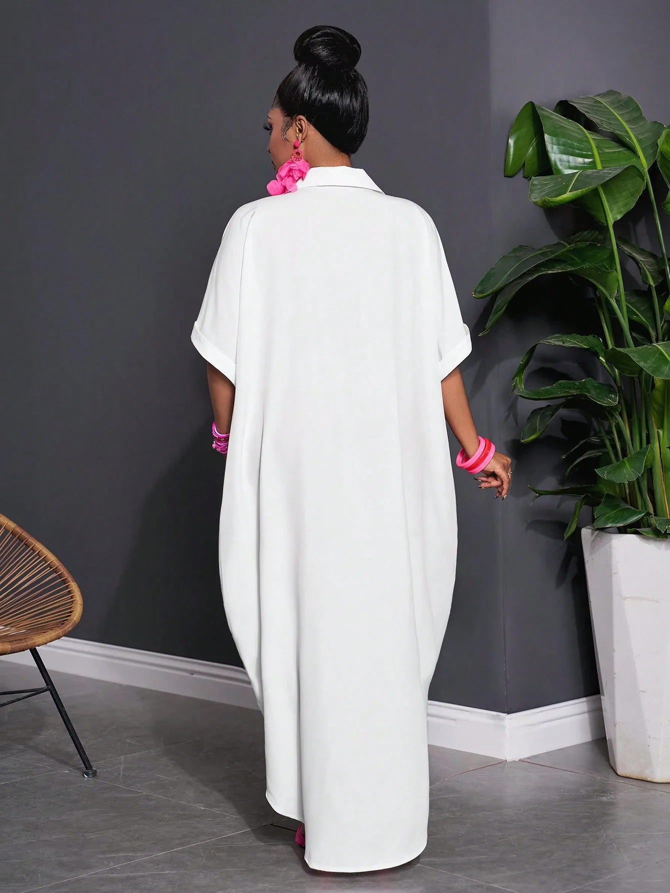Solid Color Batwing Sleeve High-Low Hem Casual Shirt Dress - Plus Size