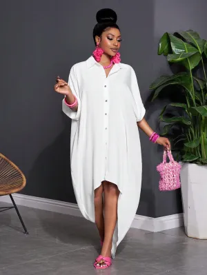 Solid Color Batwing Sleeve High-Low Hem Casual Shirt Dress - Plus Size