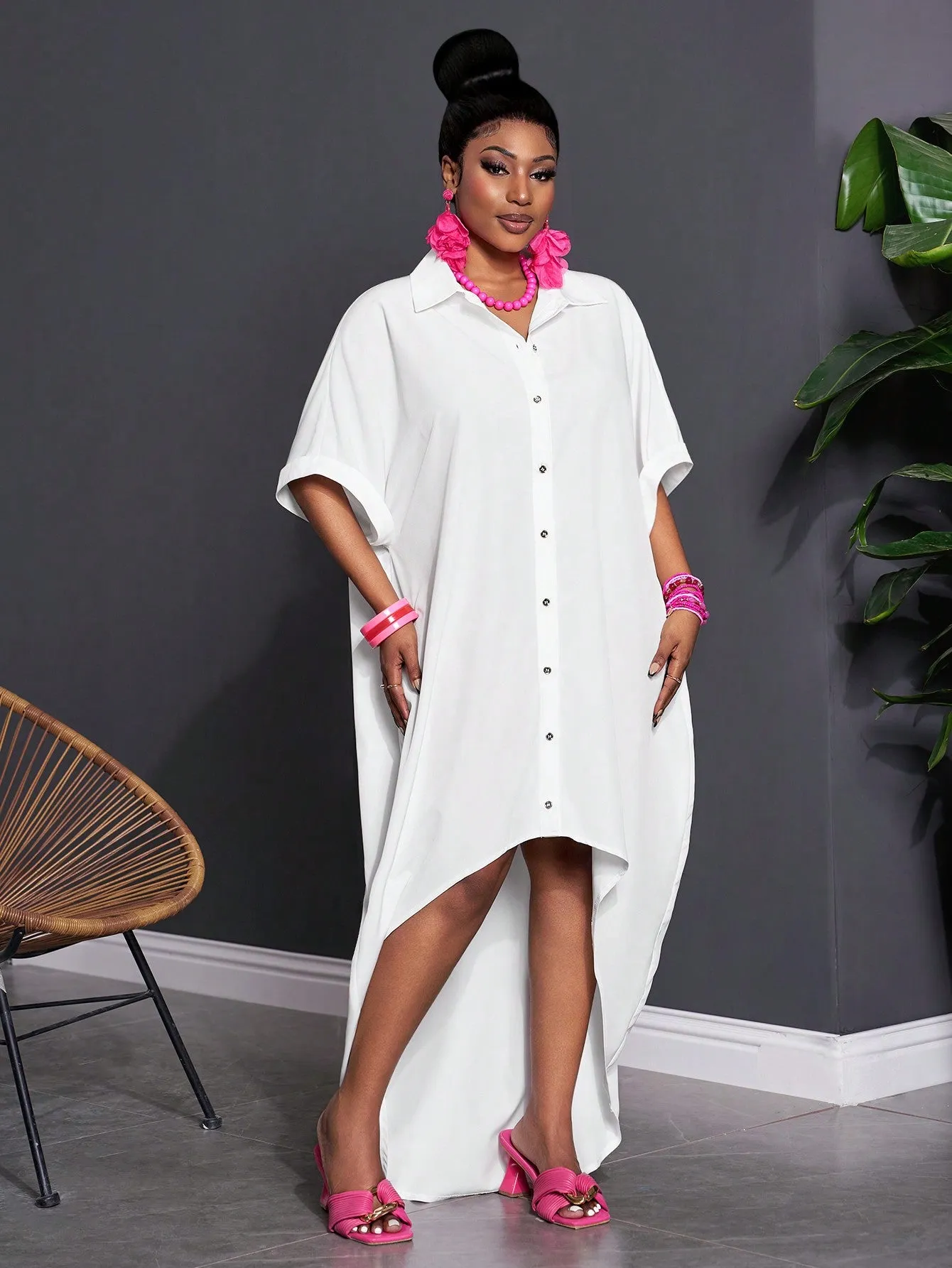 Solid Color Batwing Sleeve High-Low Hem Casual Shirt Dress - Plus Size
