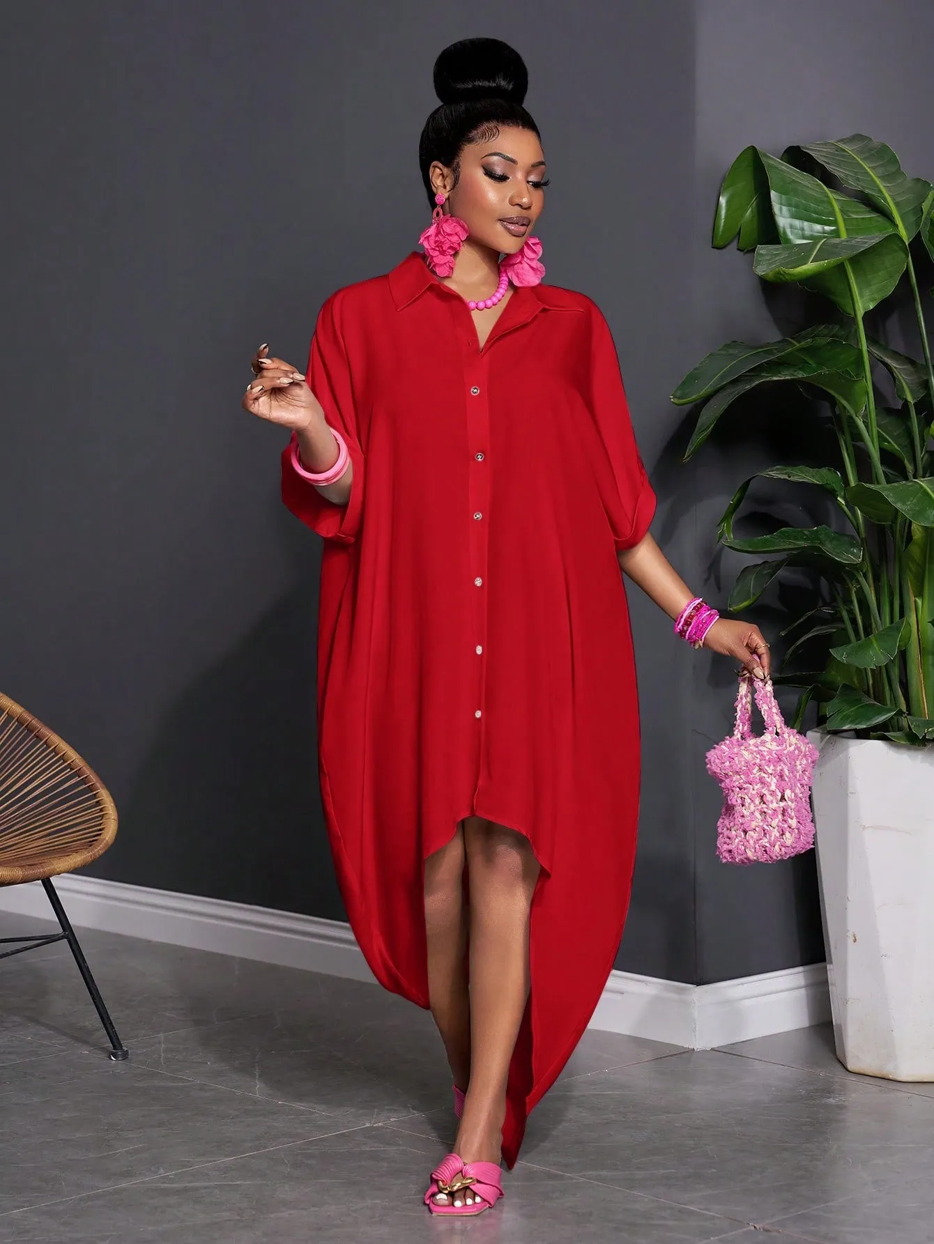 Solid Color Batwing Sleeve High-Low Hem Casual Shirt Dress - Plus Size