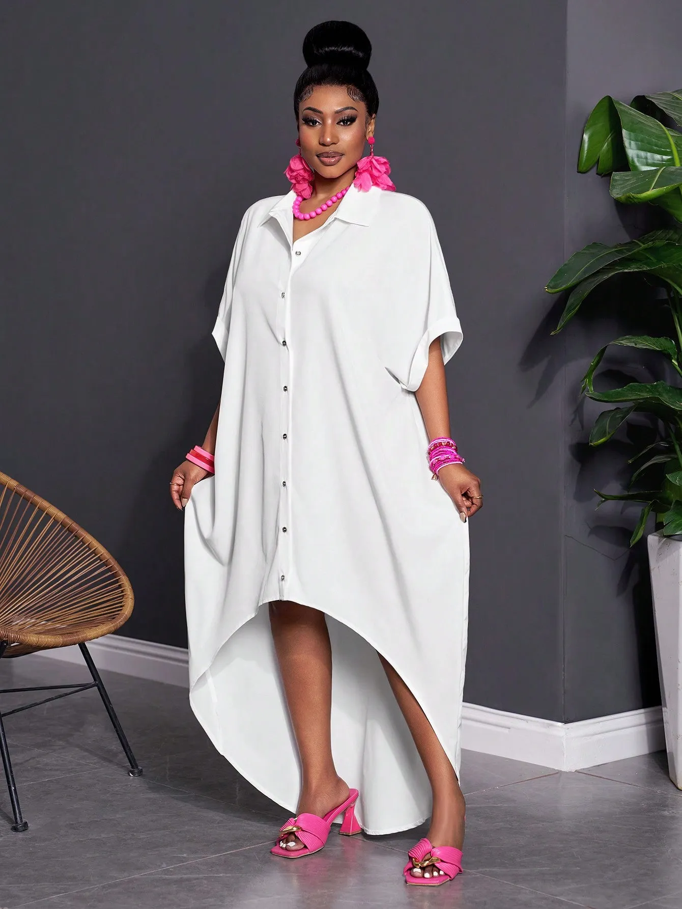 Solid Color Batwing Sleeve High-Low Hem Casual Shirt Dress - Plus Size