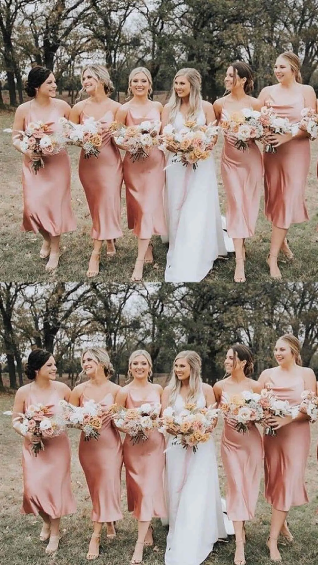 Spaghetti Straps Cowl Neck Tea-Length Champagne Long Bridesmaid Dresses for Wedding Party, BN1001