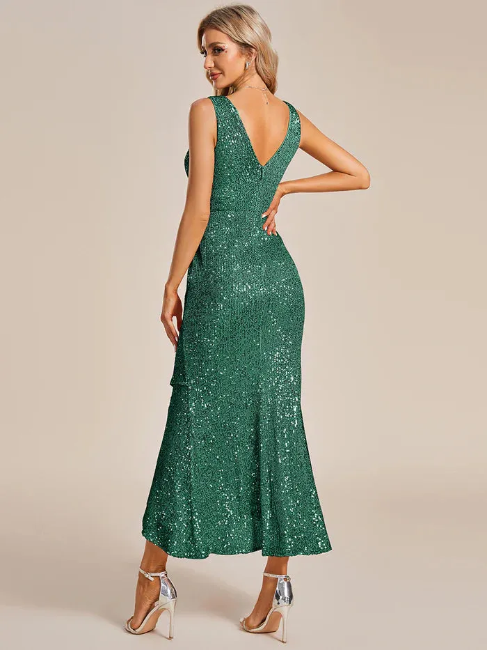 Sparkly Tea Length Ruffles Sequin Evening Dresses