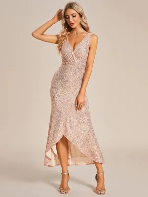 Sparkly Tea Length Ruffles Sequin Evening Dresses