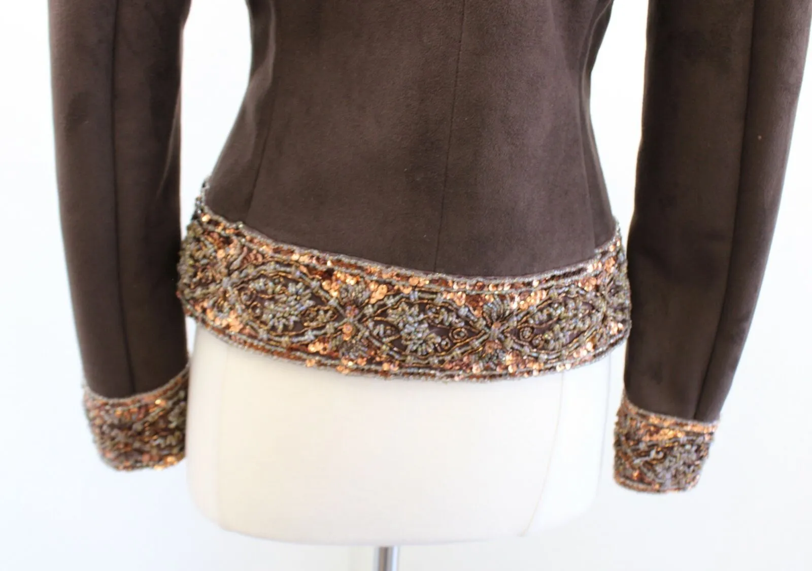 St John Coats Brown Faux Suede Beaded Embellished Jacket Size XS Bronze Gold